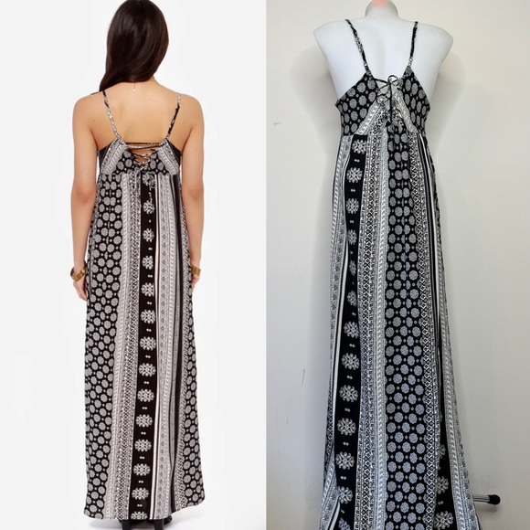 O'Neill Casty Maxi Dress Ivory Black Boho Beachy Strappy Sz L - Picture 2 of 16